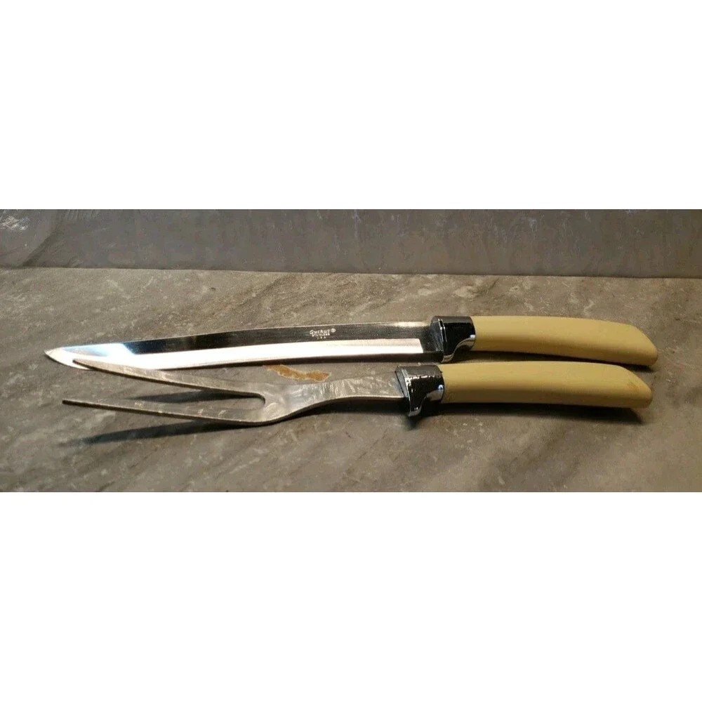 Vtg 2 pc Quikut CARVING SET Knife/Fork with Faux HANDLES